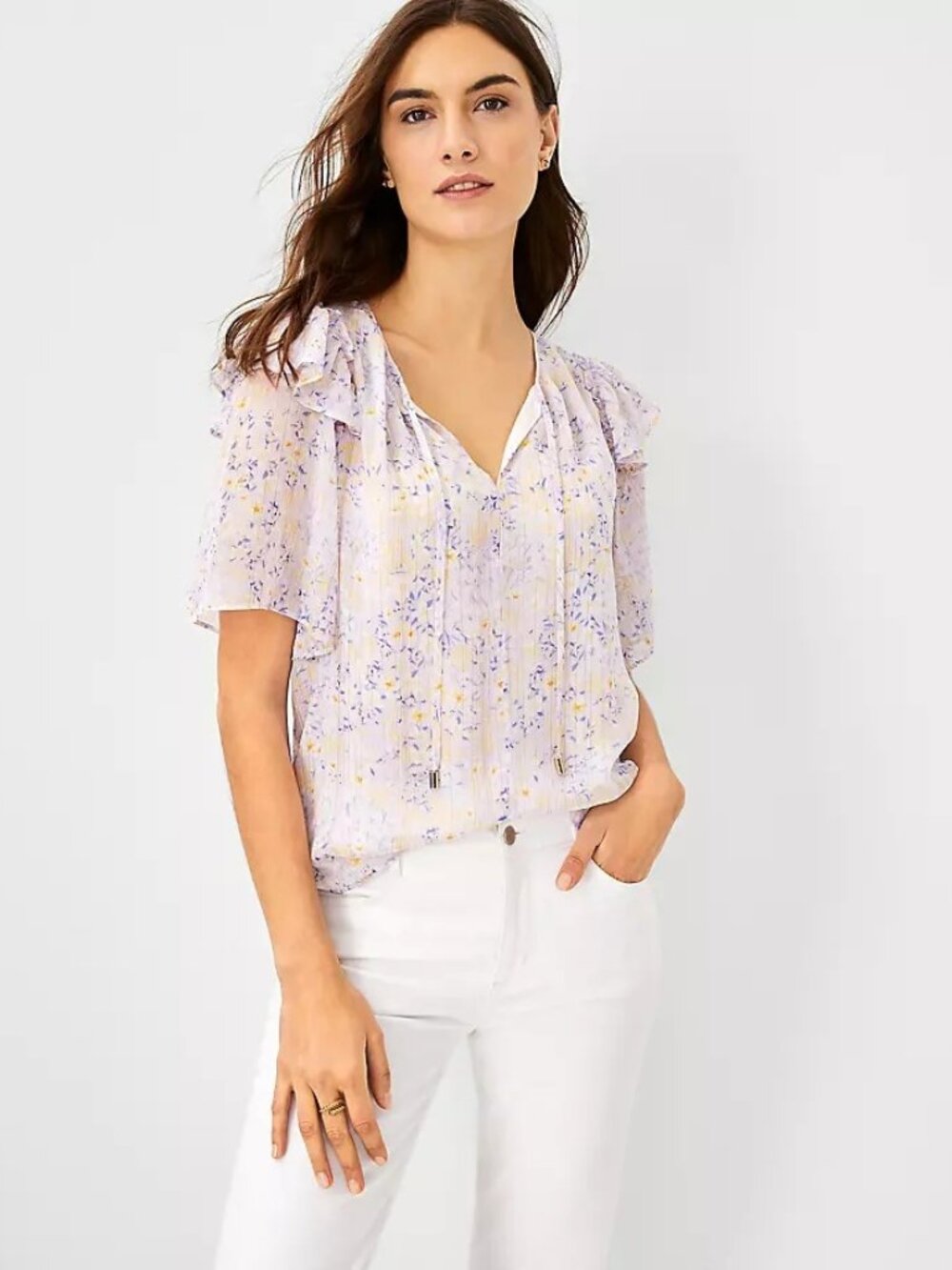 NWT Ann Taylor Size Medium Floral Flutter Sleeve Subtle Metallic Blouse NEW